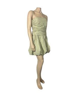 Reformation Strapless Sage Green Bubble Hem Mini Dress